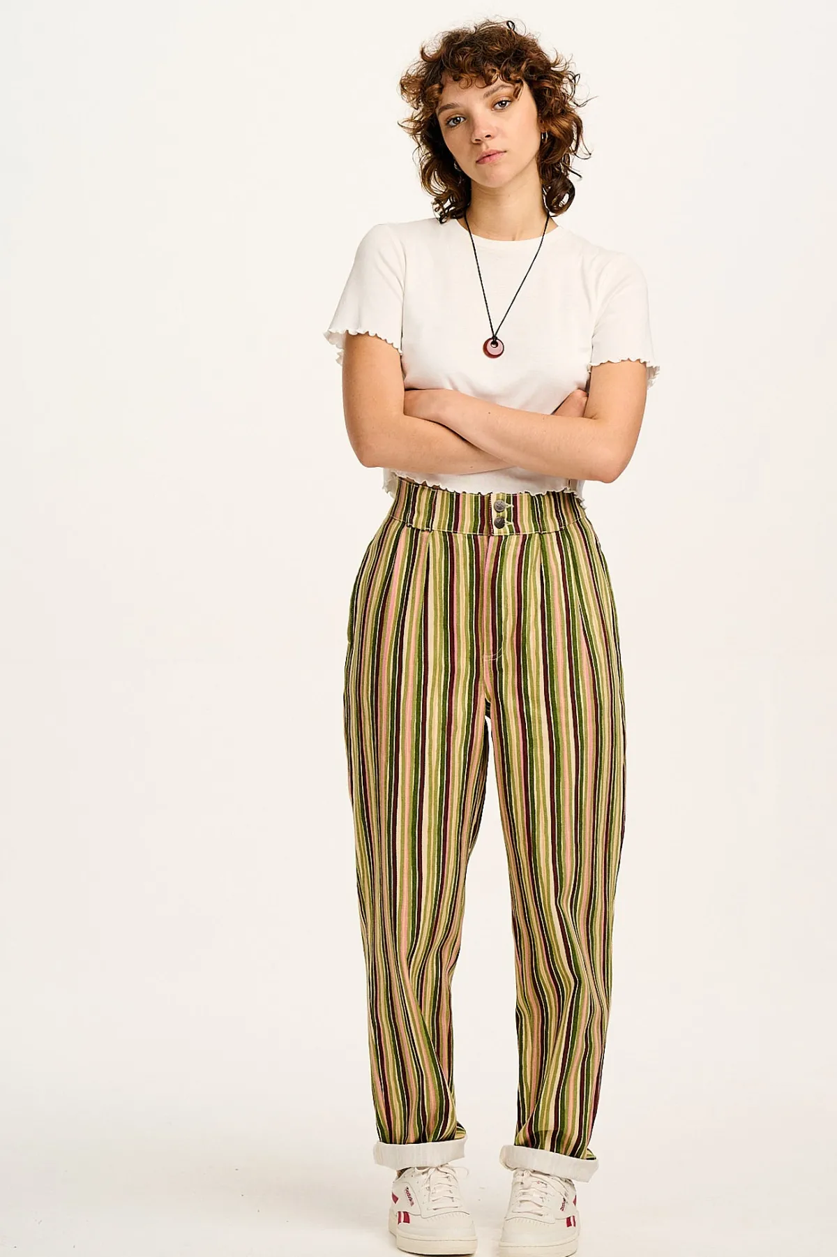 Fashion Addison - Tapered Twill Trousers in Elm Stripe All Bottoms
