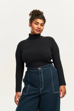 Clearance Aiden - Roll Neck Knitted Cotton Top in Black All Tops & Tees|Knitwear