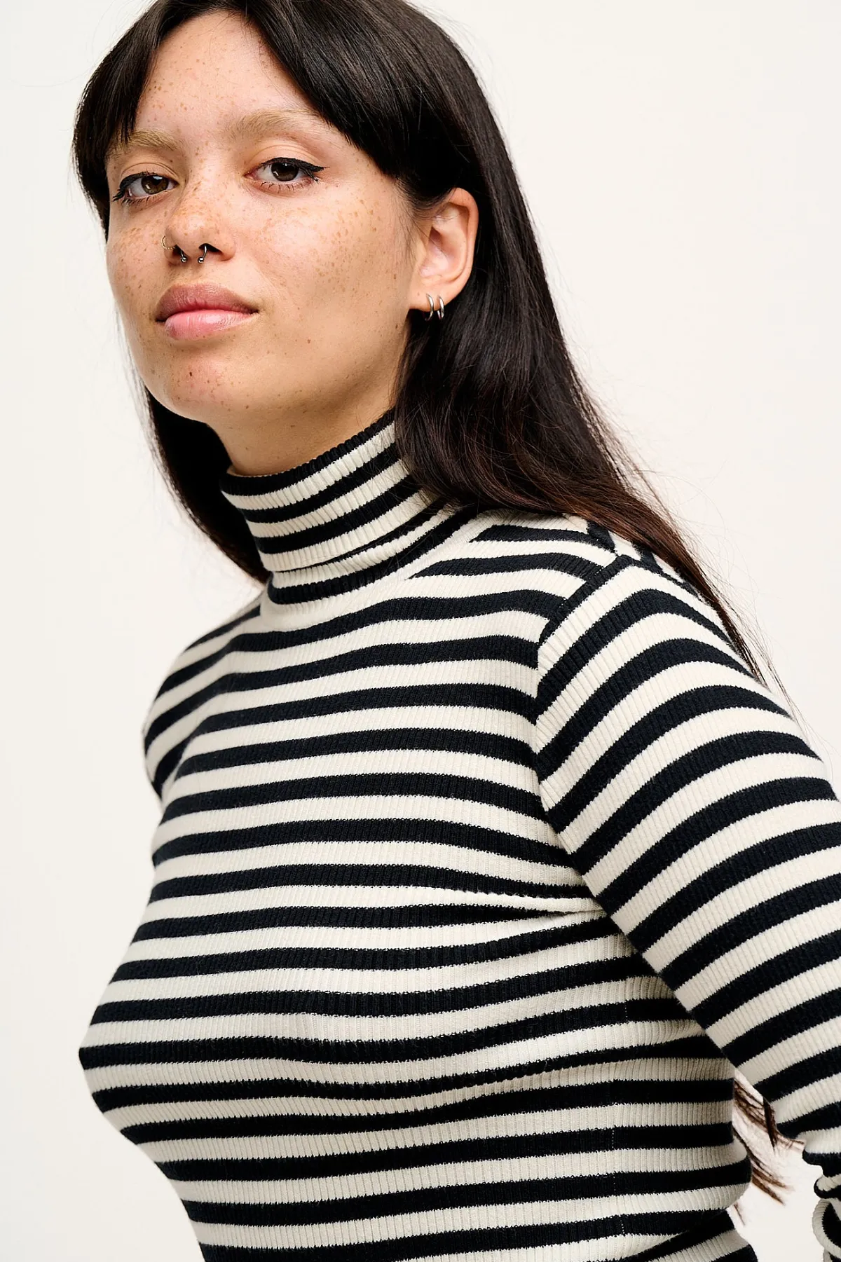 Online Aiden - Roll Neck Knitted Cotton Top in Black & White Stripe All Tops & Tees|Knitwear