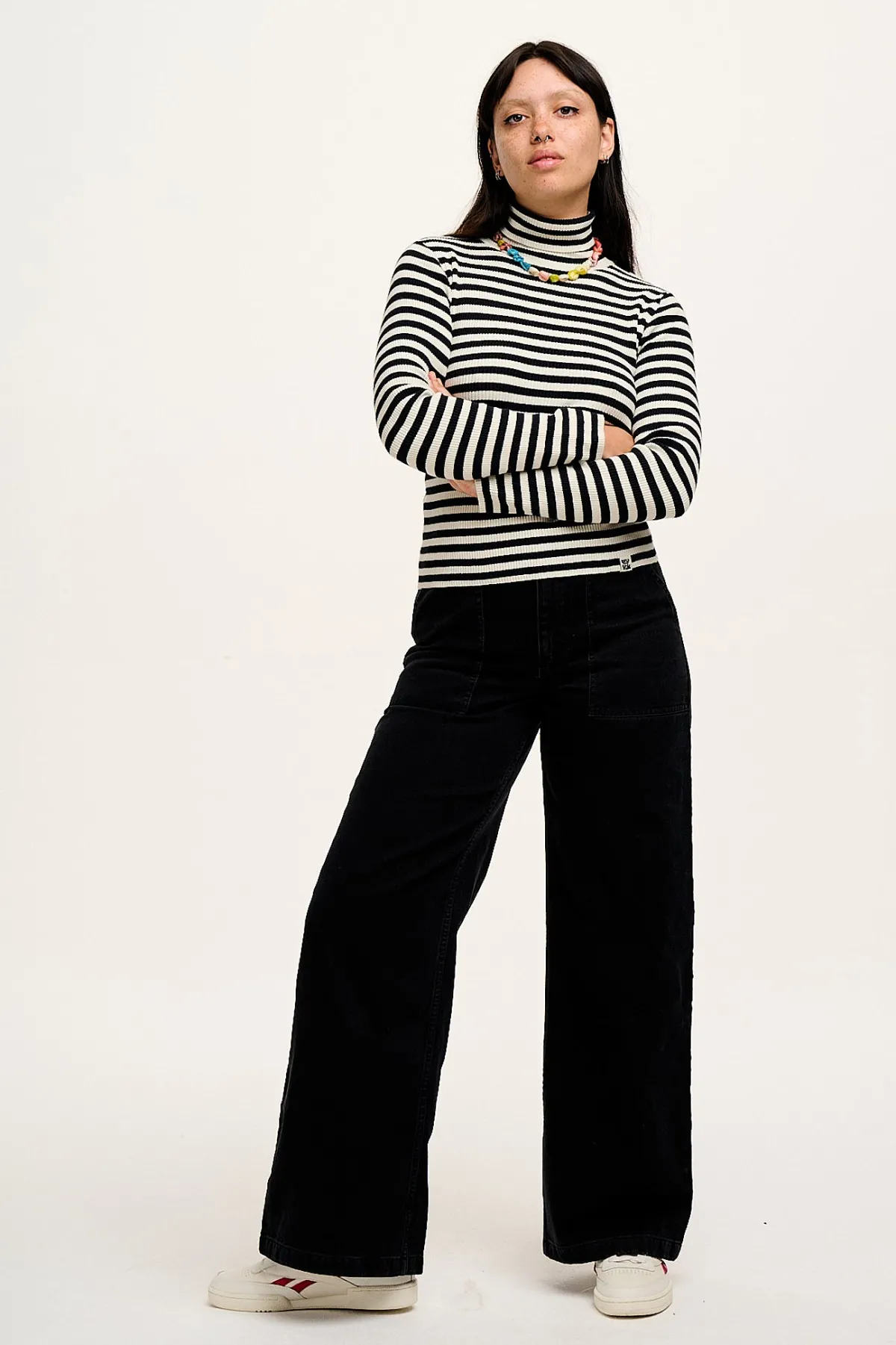 Online Aiden - Roll Neck Knitted Cotton Top in Black & White Stripe All Tops & Tees|Knitwear