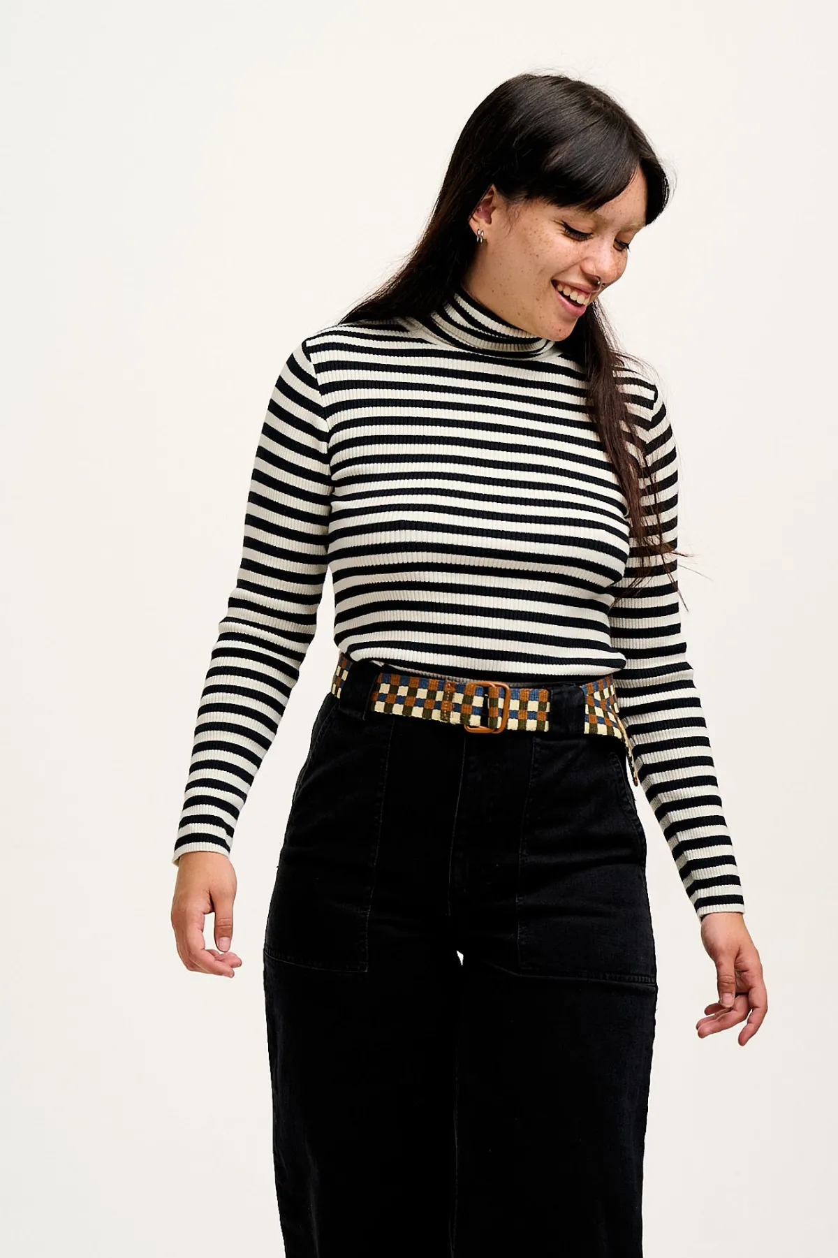 Online Aiden - Roll Neck Knitted Cotton Top in Black & White Stripe All Tops & Tees|Knitwear