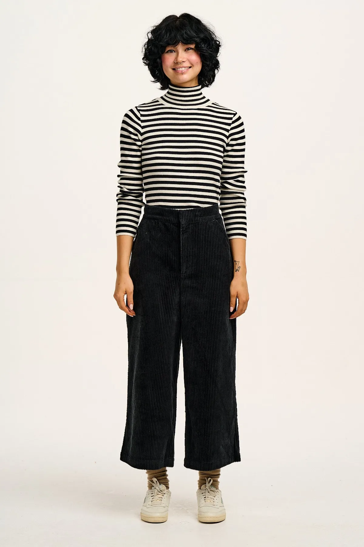 Online Aiden - Roll Neck Knitted Cotton Top in Black & White Stripe All Tops & Tees|Knitwear