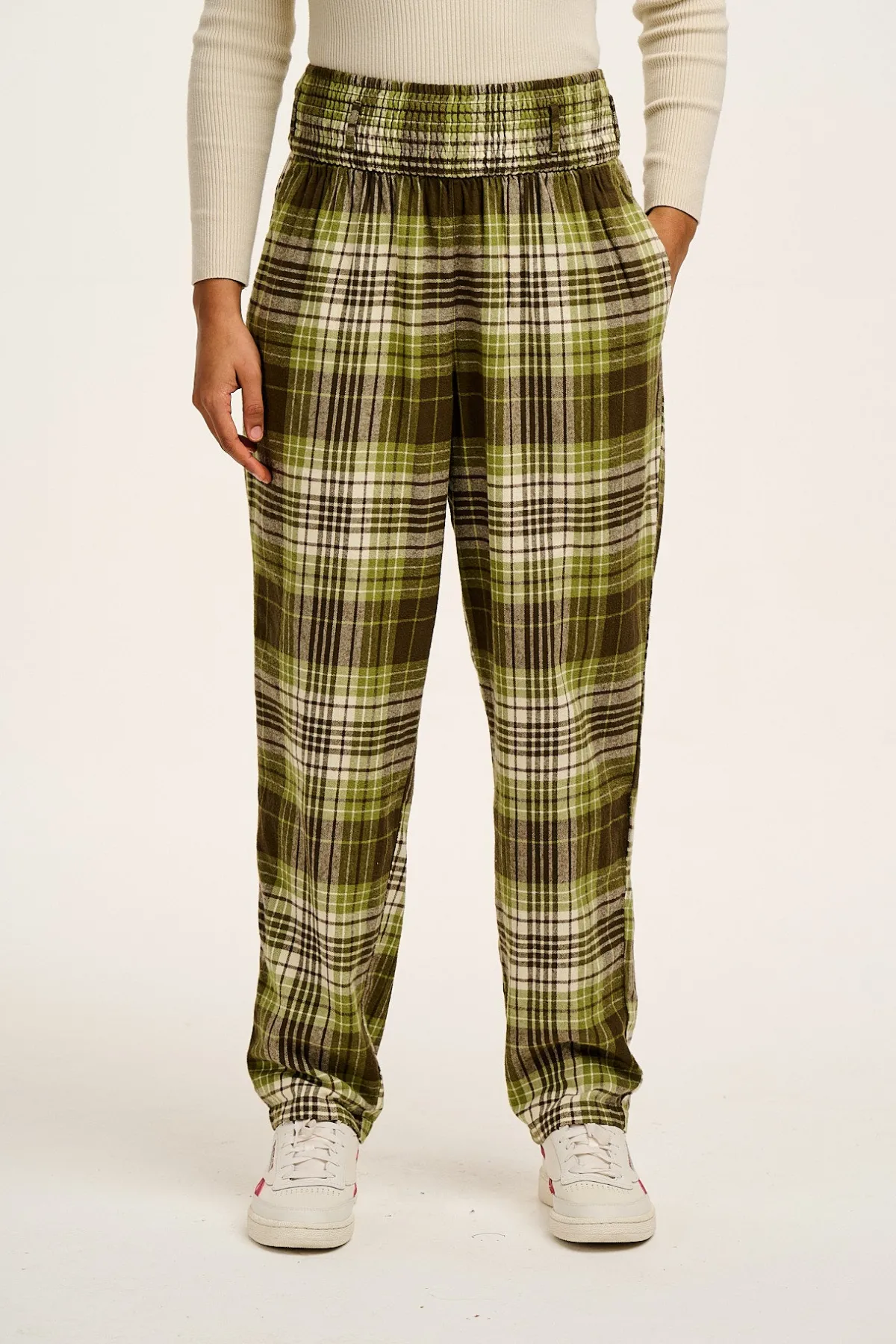 Hot Alexa - Brushed Cotton Trousers in Green Forest Tartan All Bottoms|Trousers