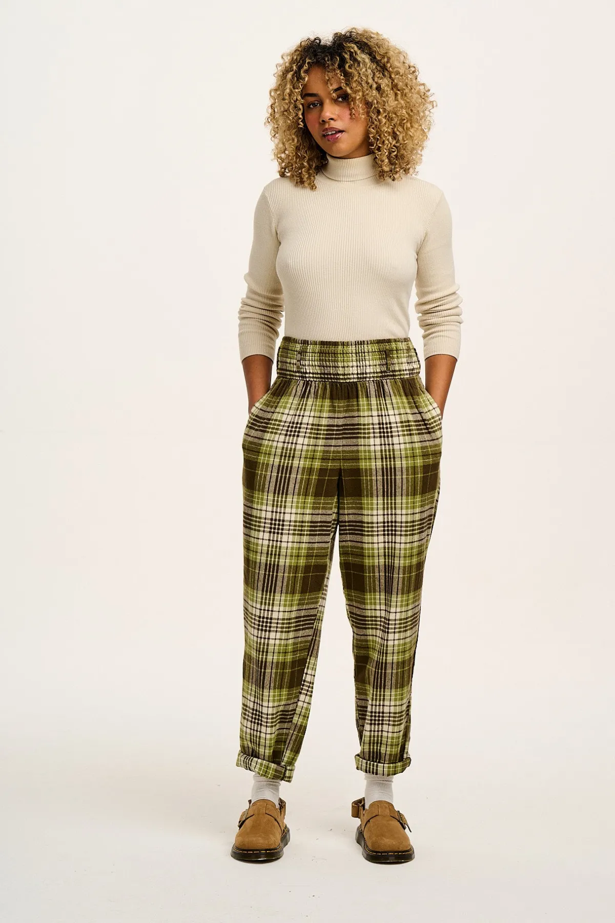Hot Alexa - Brushed Cotton Trousers in Green Forest Tartan All Bottoms|Trousers