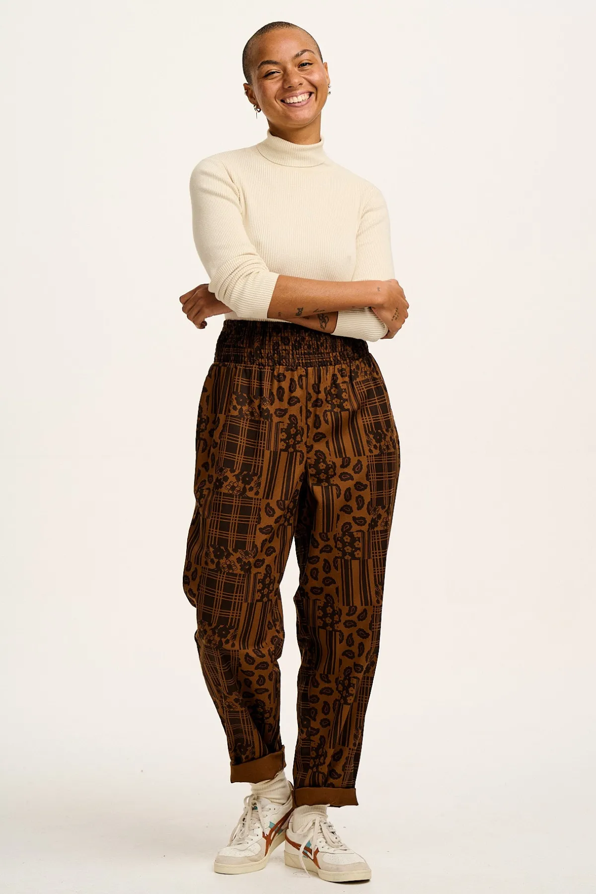 Clearance Alexa - Cotton Trousers in Brown Penny Patchwork Print All Bottoms|Trousers