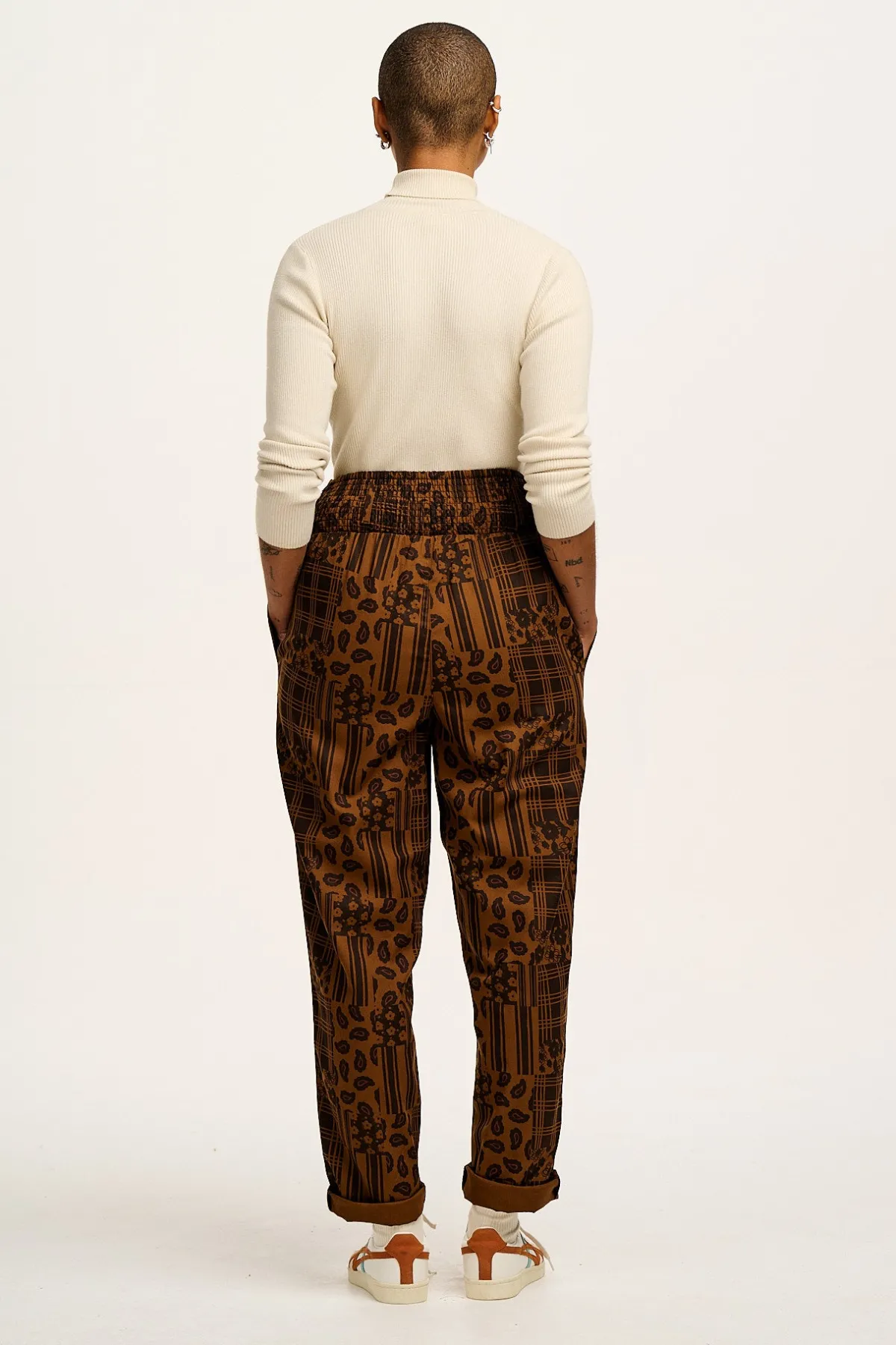 Clearance Alexa - Cotton Trousers in Brown Penny Patchwork Print All Bottoms|Trousers