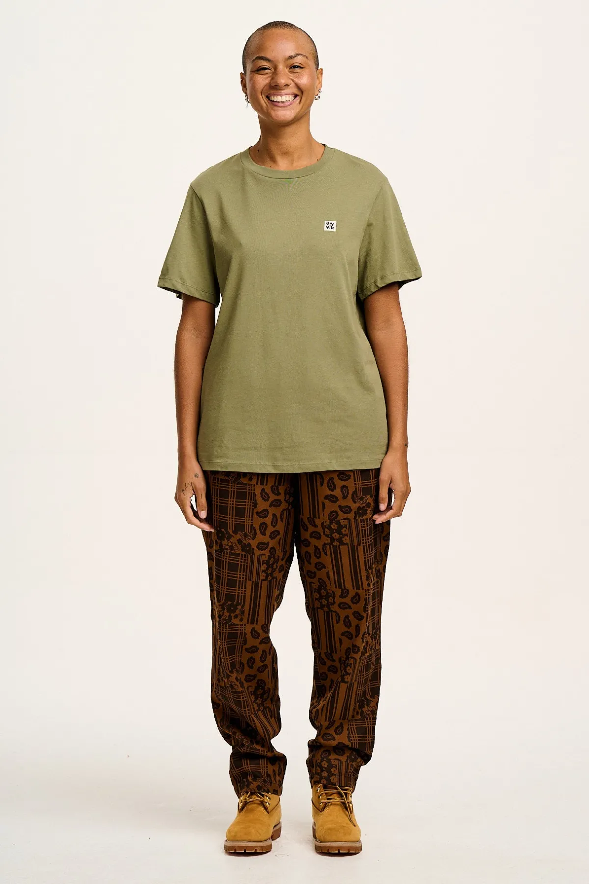 Clearance Alexa - Cotton Trousers in Brown Penny Patchwork Print All Bottoms|Trousers
