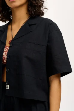 Clearance Alfie - Cotton & Linen Shirt in Black All Tops & Tees|Shirts