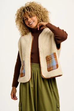 New Aubrey - Borg Fleece Gilet in Ecru & Brown All Outerwear & Knitwear