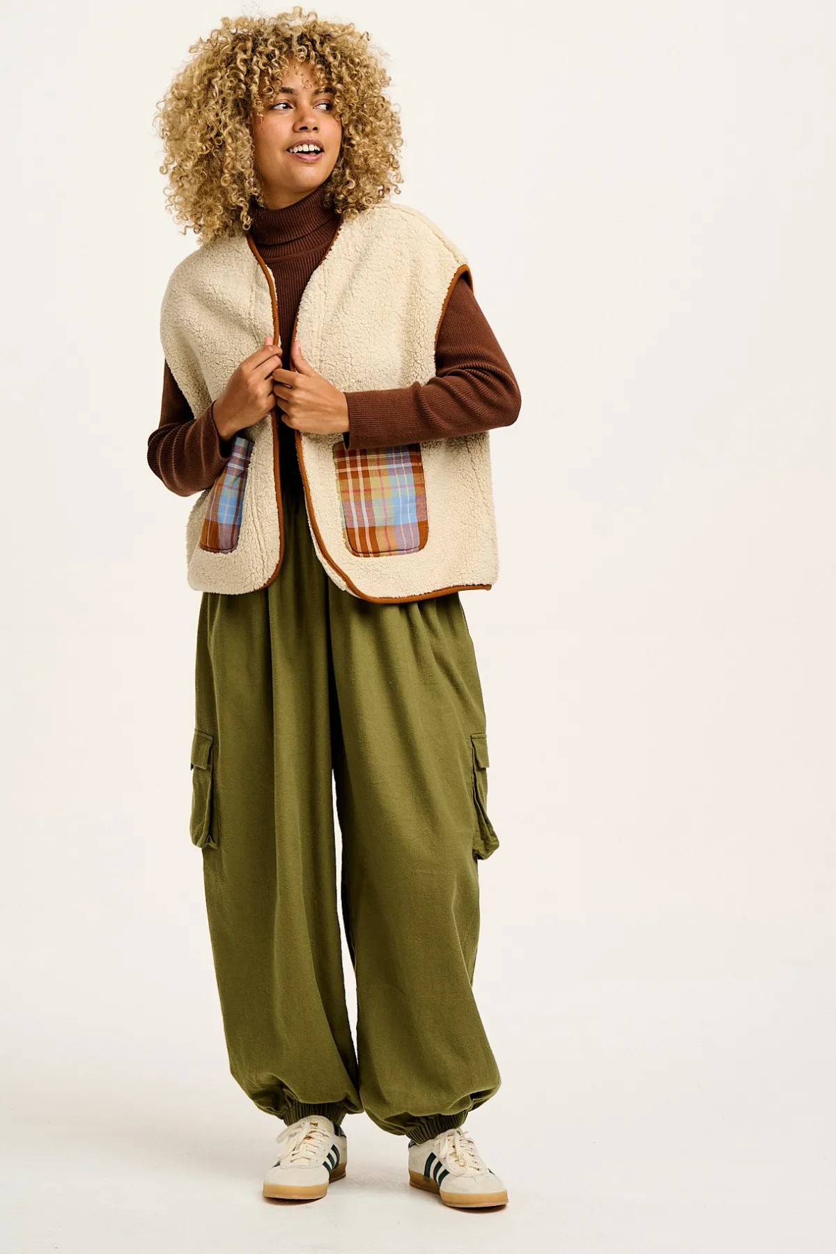 New Aubrey - Borg Fleece Gilet in Ecru & Brown All Outerwear & Knitwear
