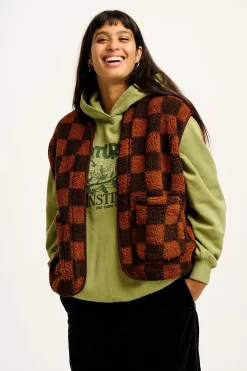 Sale Aubrey - Borg Fleece Gilet in Terry Brown Check Print All Outerwear & Knitwear|Fleeces