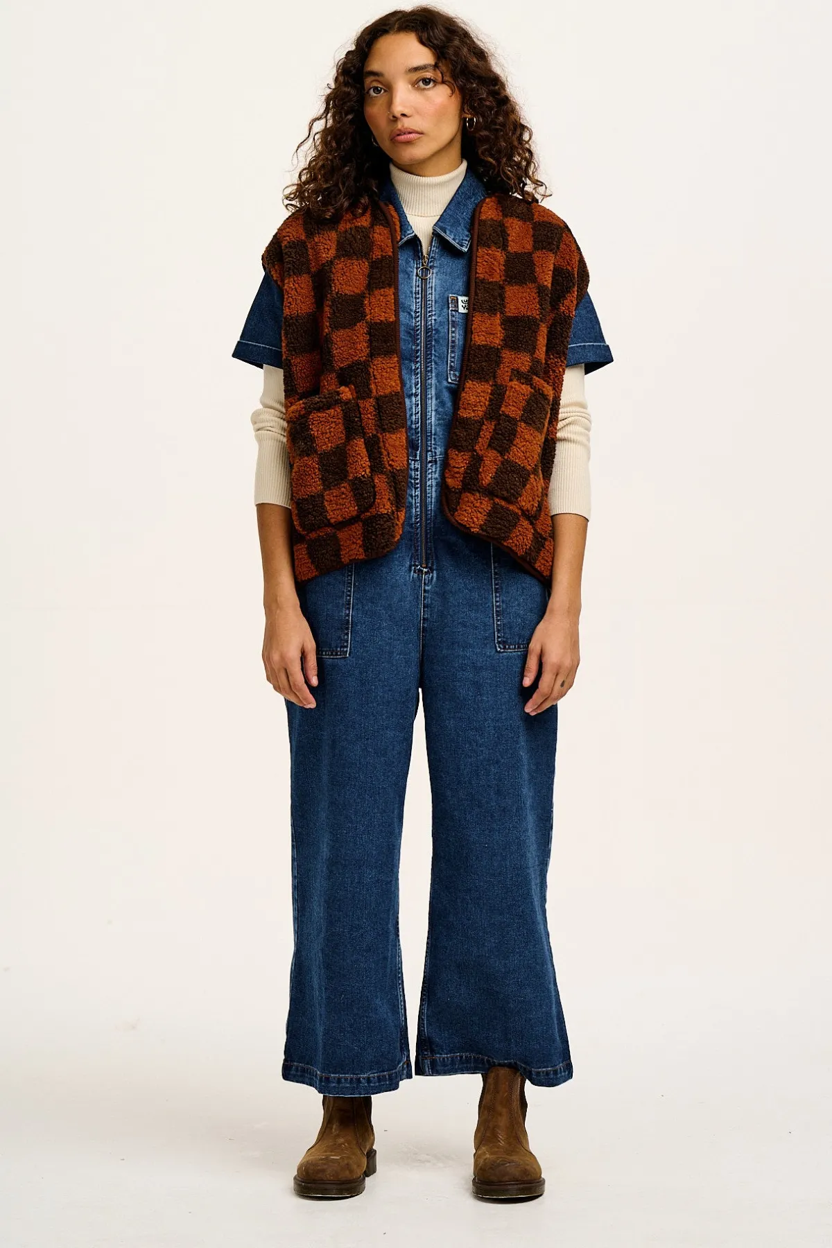 Sale Aubrey - Borg Fleece Gilet in Terry Brown Check Print All Outerwear & Knitwear|Fleeces