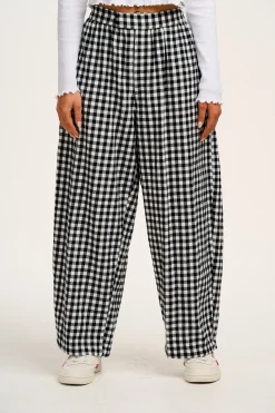 Hot Beau - Balloon Brushed Cotton Trousers in Black & White Mono Gingham Print All Bottoms|Trousers