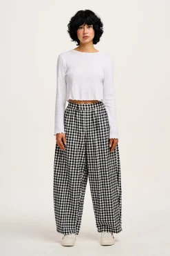 Hot Beau - Balloon Brushed Cotton Trousers in Black & White Mono Gingham Print All Bottoms|Trousers