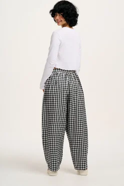 Hot Beau - Balloon Brushed Cotton Trousers in Black & White Mono Gingham Print All Bottoms|Trousers