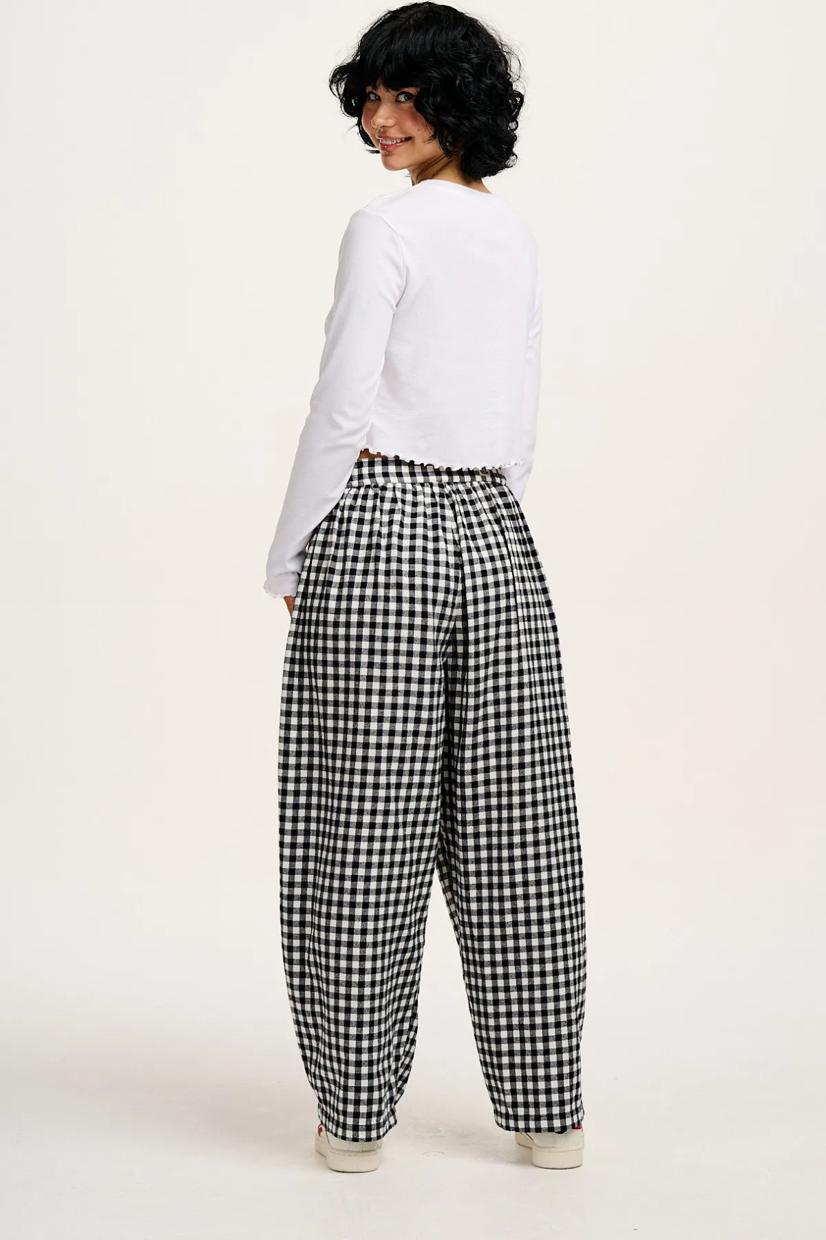 Hot Beau - Balloon Brushed Cotton Trousers in Black & White Mono Gingham Print All Bottoms|Trousers
