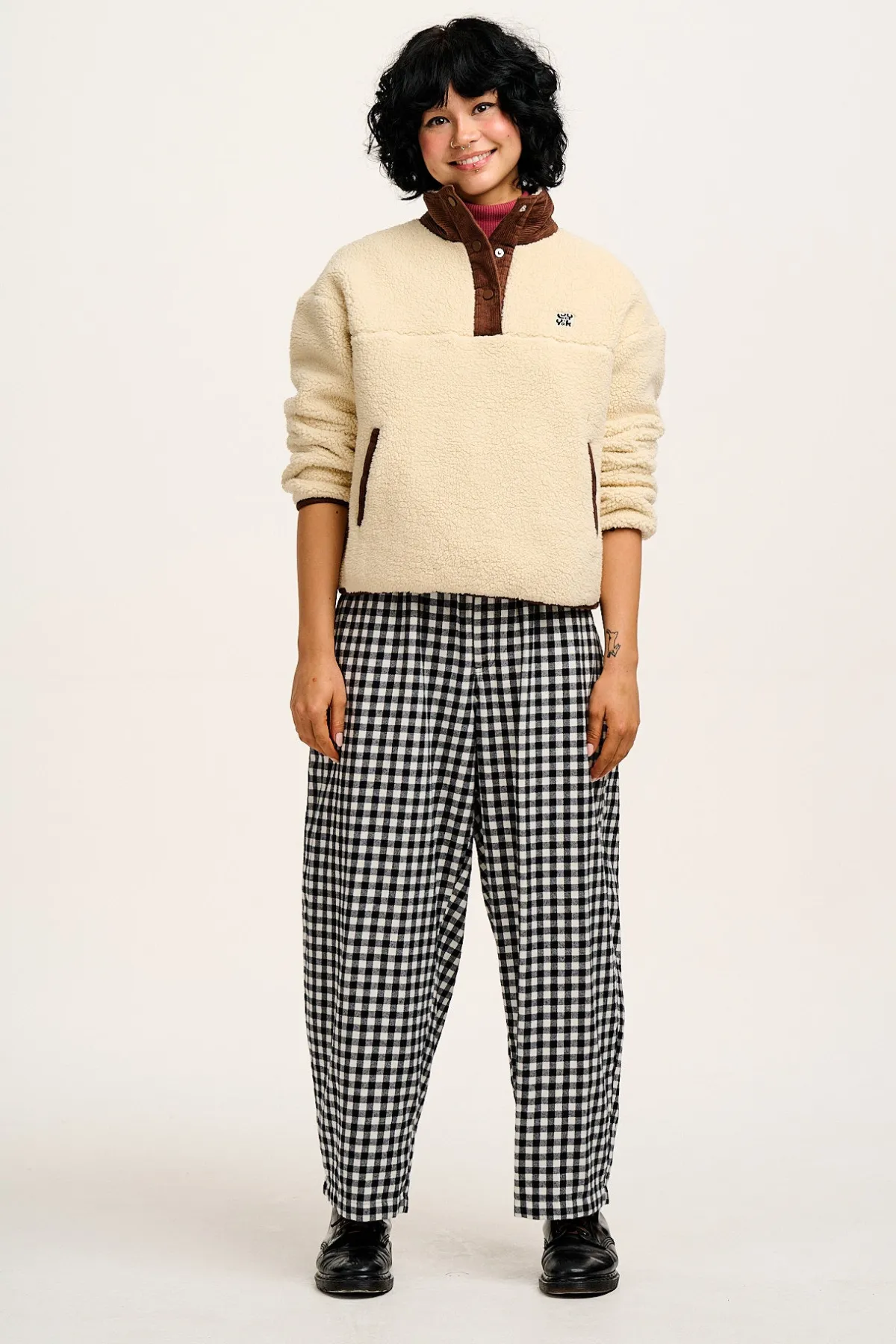 Hot Beau - Balloon Brushed Cotton Trousers in Black & White Mono Gingham Print All Bottoms|Trousers