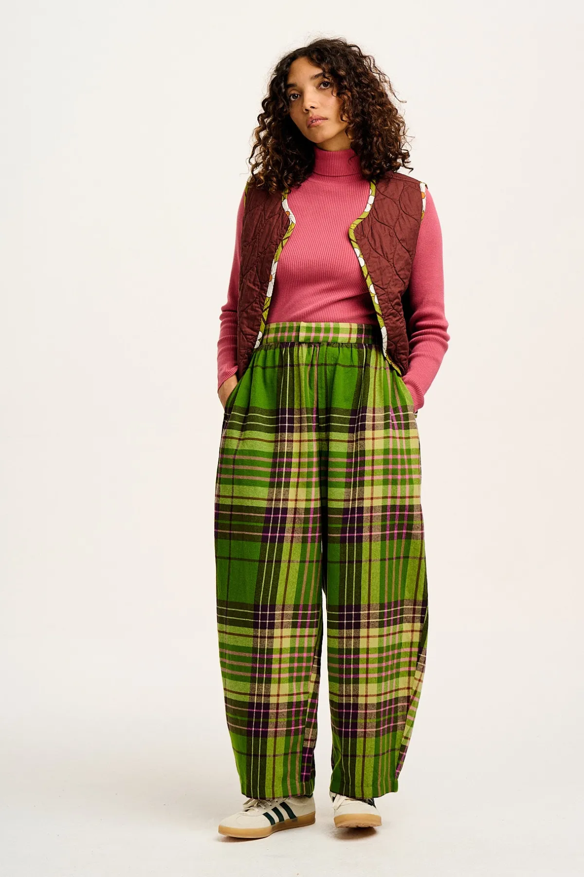 Online Beau - Balloon Brushed Cotton Trousers in Green Isla Tartan Print All Bottoms