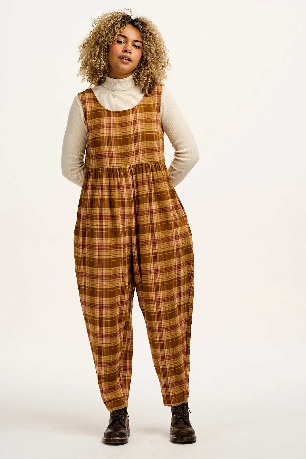 Best Bowie - Sleeveless Brushed Cotton Jumpsuit in Brown Oakley Tartan All Jumpsuits