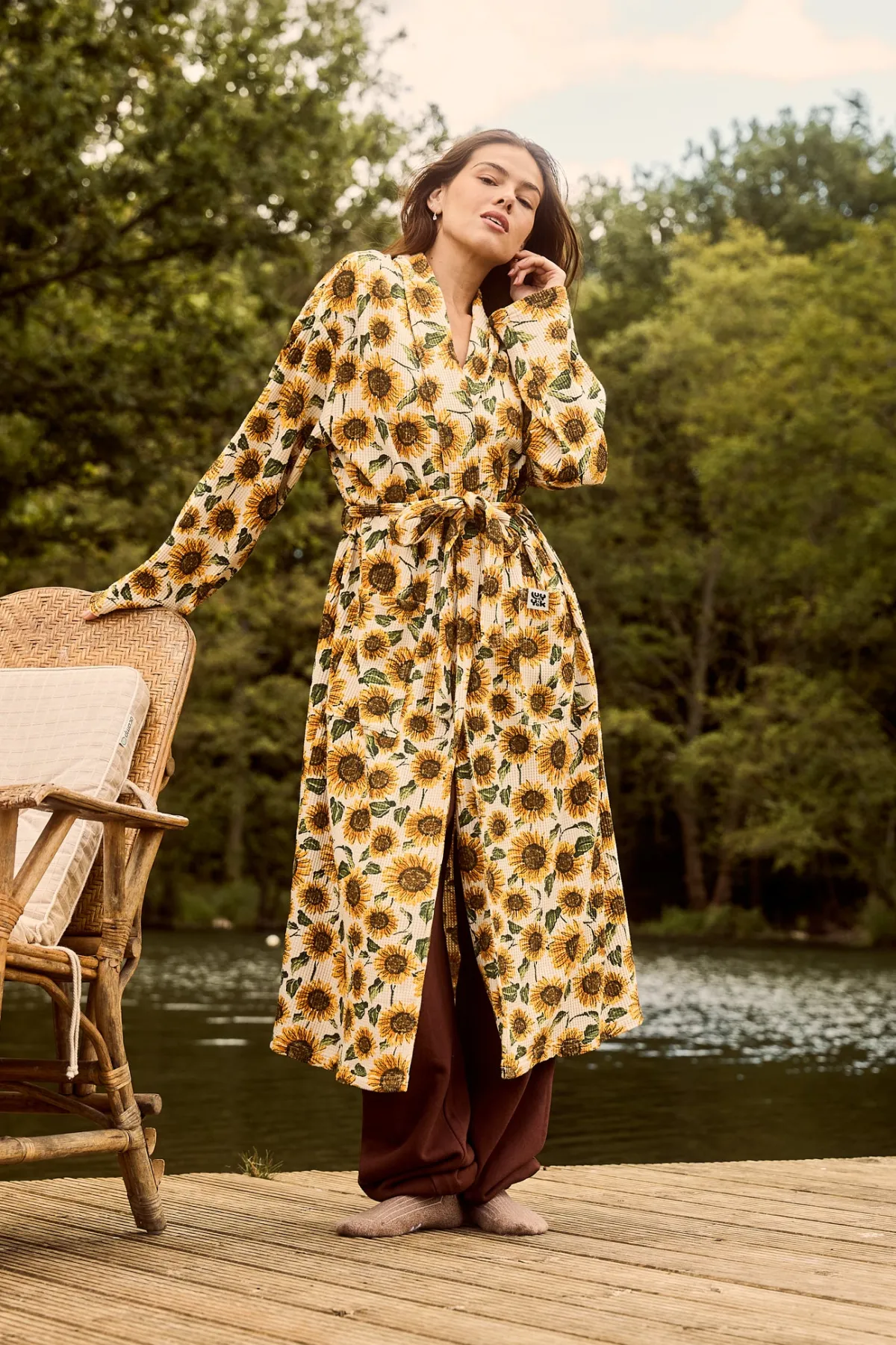 Discount Braydon - Waffle Cotton Robe in Cream Sunflower Print All Nightwear