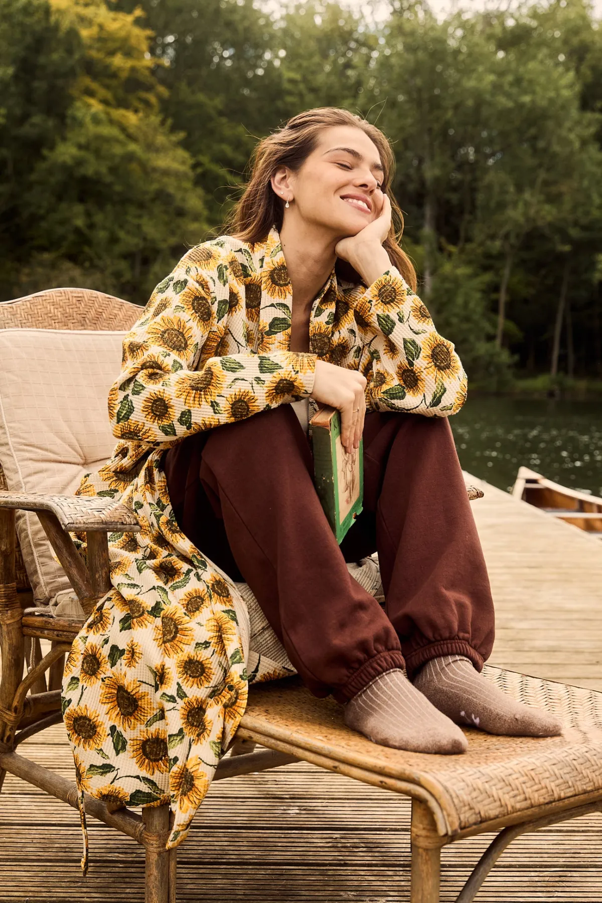 Discount Braydon - Waffle Cotton Robe in Cream Sunflower Print All Nightwear