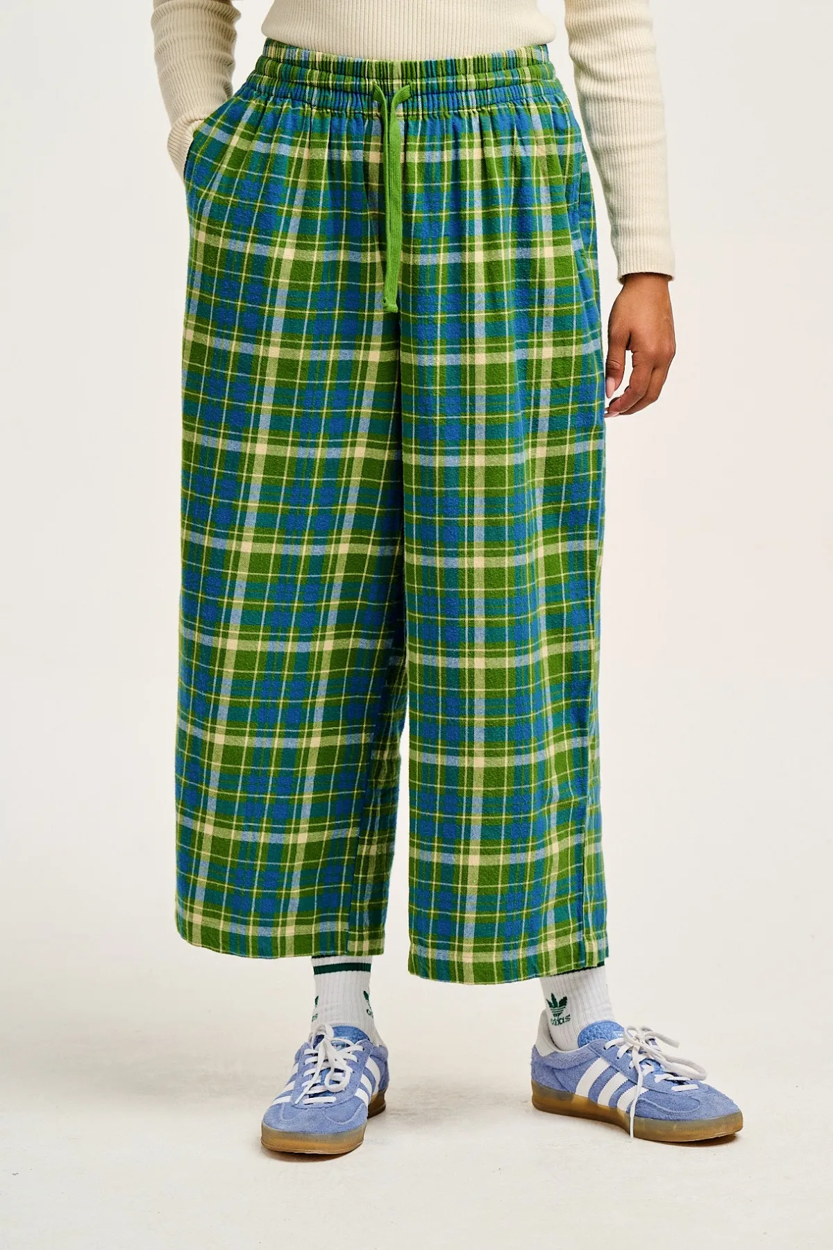 Fashion Chuck - Wide Leg Cotton Trousers in Green & Blue Elsie Tartan Print All Bottoms