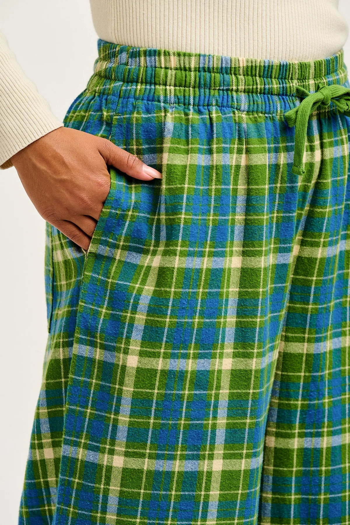 Fashion Chuck - Wide Leg Cotton Trousers in Green & Blue Elsie Tartan Print All Bottoms