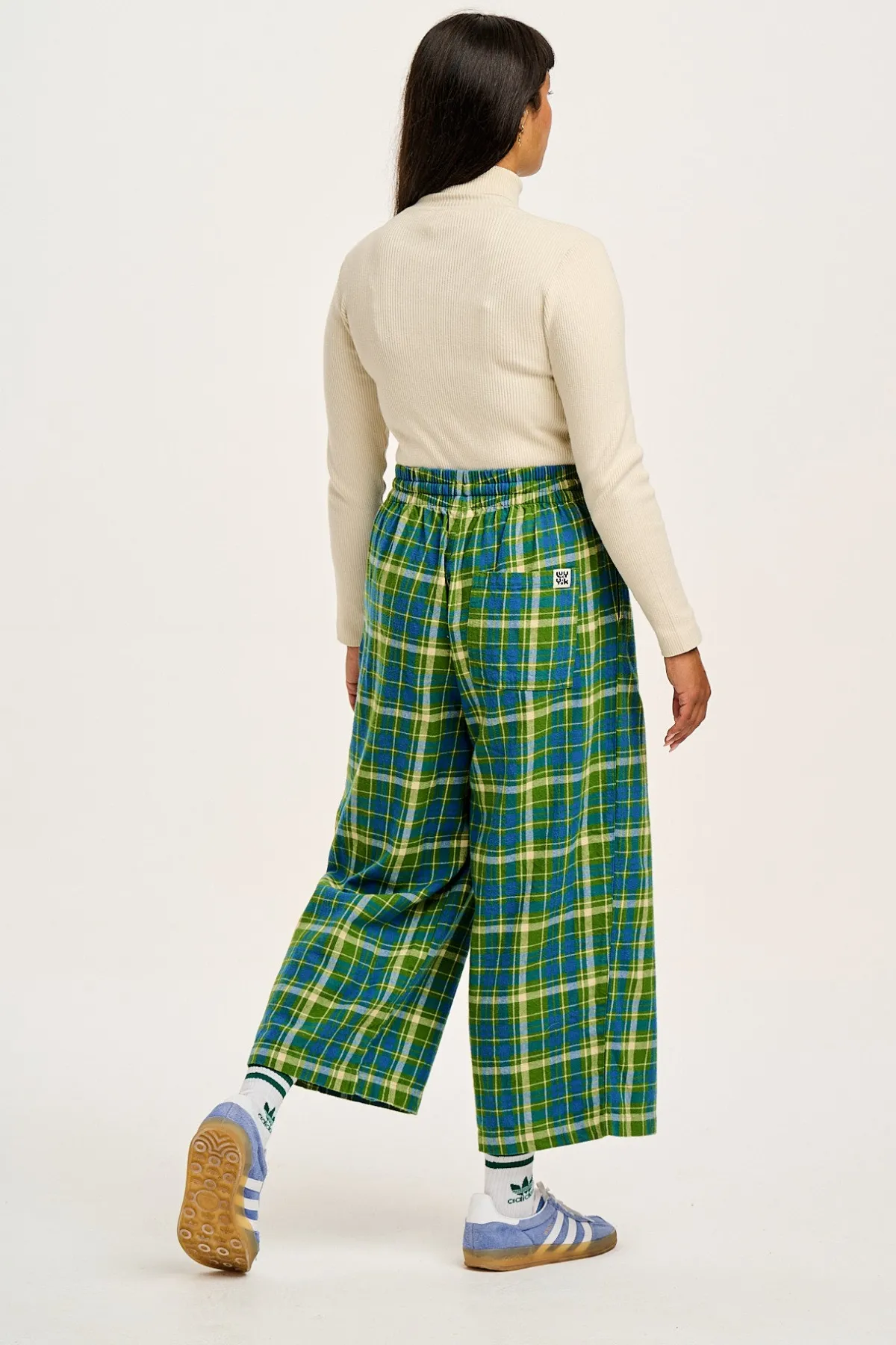 Fashion Chuck - Wide Leg Cotton Trousers in Green & Blue Elsie Tartan Print All Bottoms