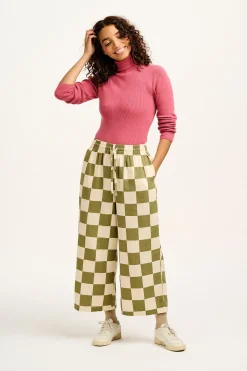 Online Chuck - Wide Leg Cotton Trousers in Pistachio Green Checkerboard Print All Bottoms|Trousers