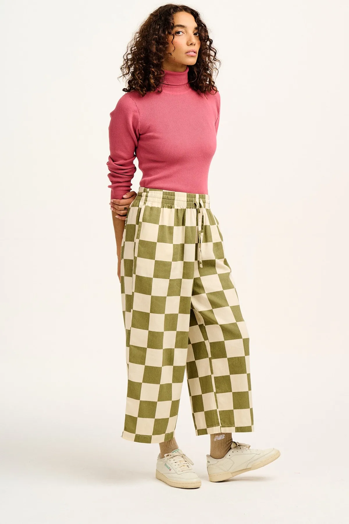 Online Chuck - Wide Leg Cotton Trousers in Pistachio Green Checkerboard Print All Bottoms|Trousers