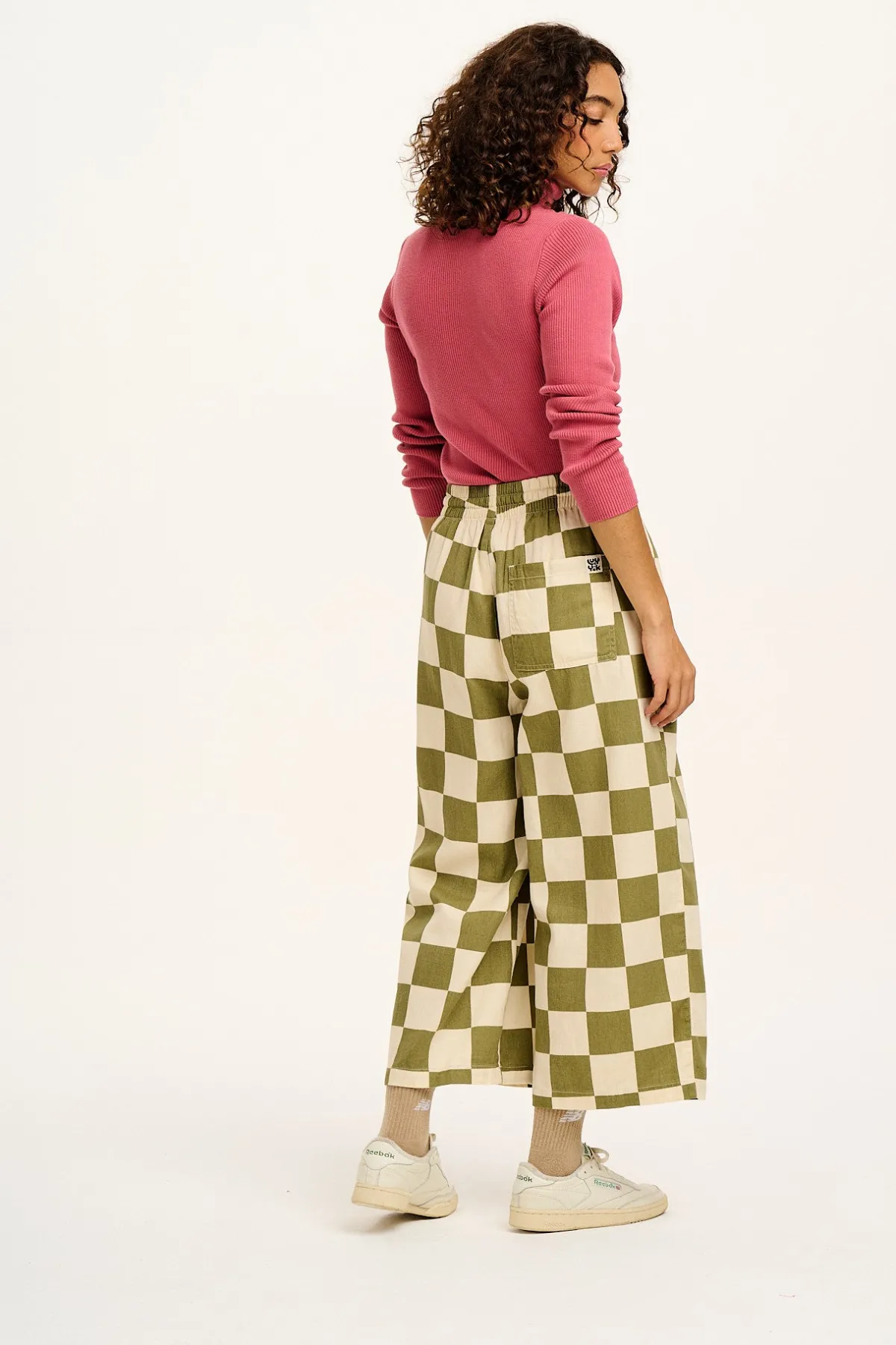 Online Chuck - Wide Leg Cotton Trousers in Pistachio Green Checkerboard Print All Bottoms|Trousers