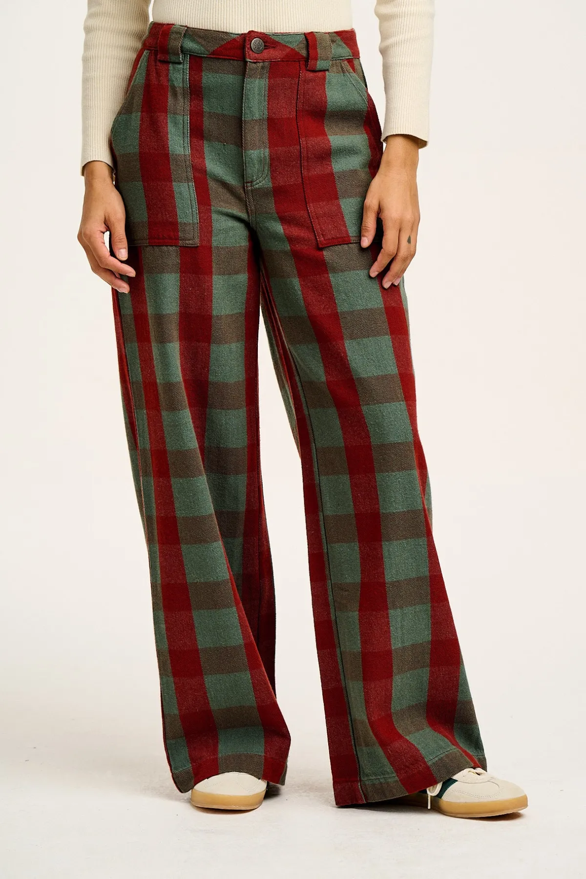 Online Delores - Wide Leg Twill Jeans in Green & Red Houston Tartan Print All Bottoms