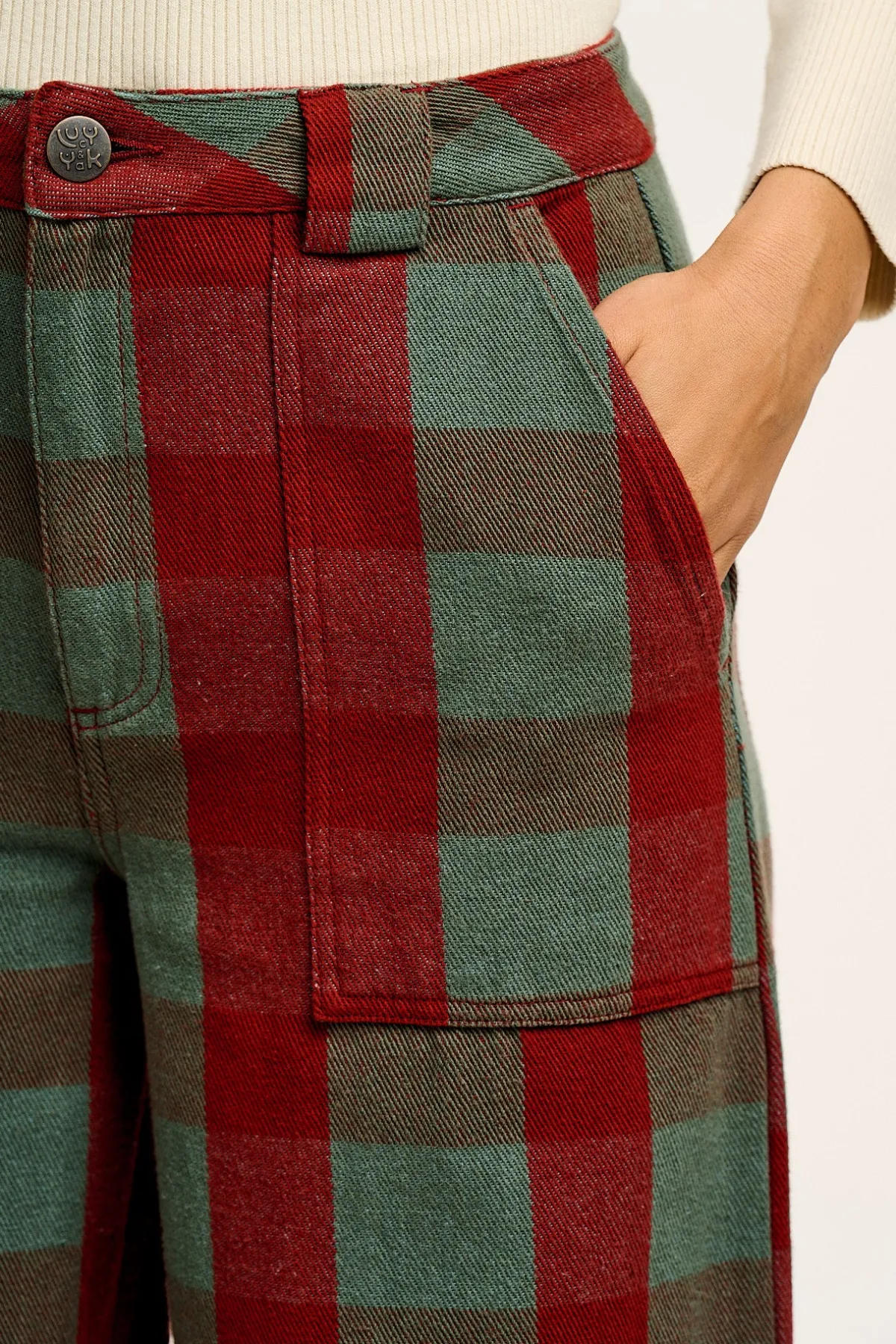Online Delores - Wide Leg Twill Jeans in Green & Red Houston Tartan Print All Bottoms