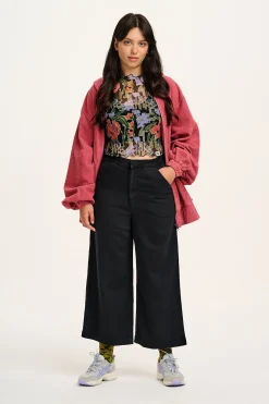 Online Halston - Wide leg Cotton & Hemp Trousers in Black All Bottoms