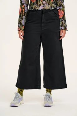 Online Halston - Wide leg Cotton & Hemp Trousers in Black All Bottoms