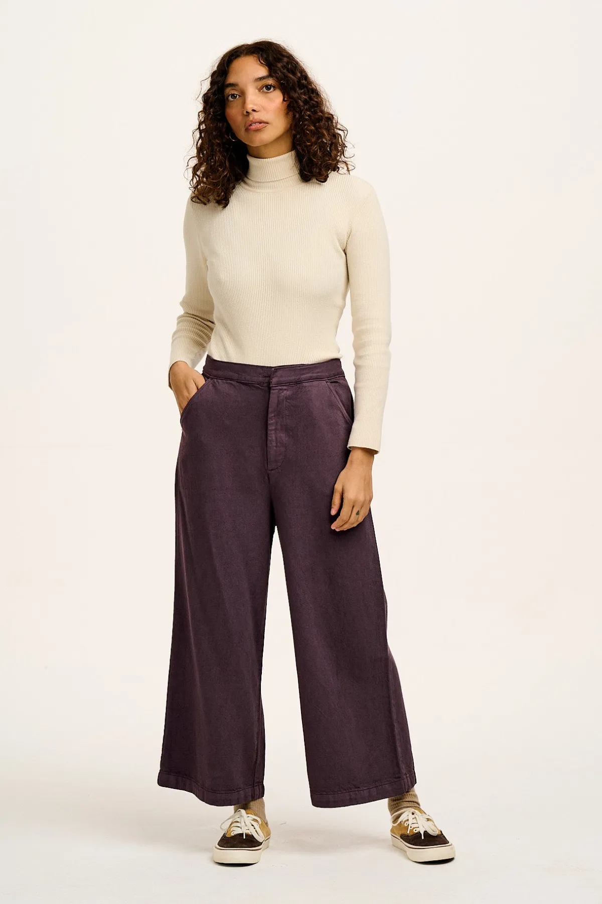 Discount Halston - Wide leg Cotton & Hemp Trousers in Plum Perfect Purple All Bottoms