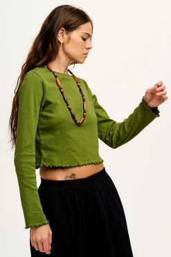 Online Hansel - Long Sleeve Cotton Top in Pesto Green All Tops & Tees|Cropped Tops