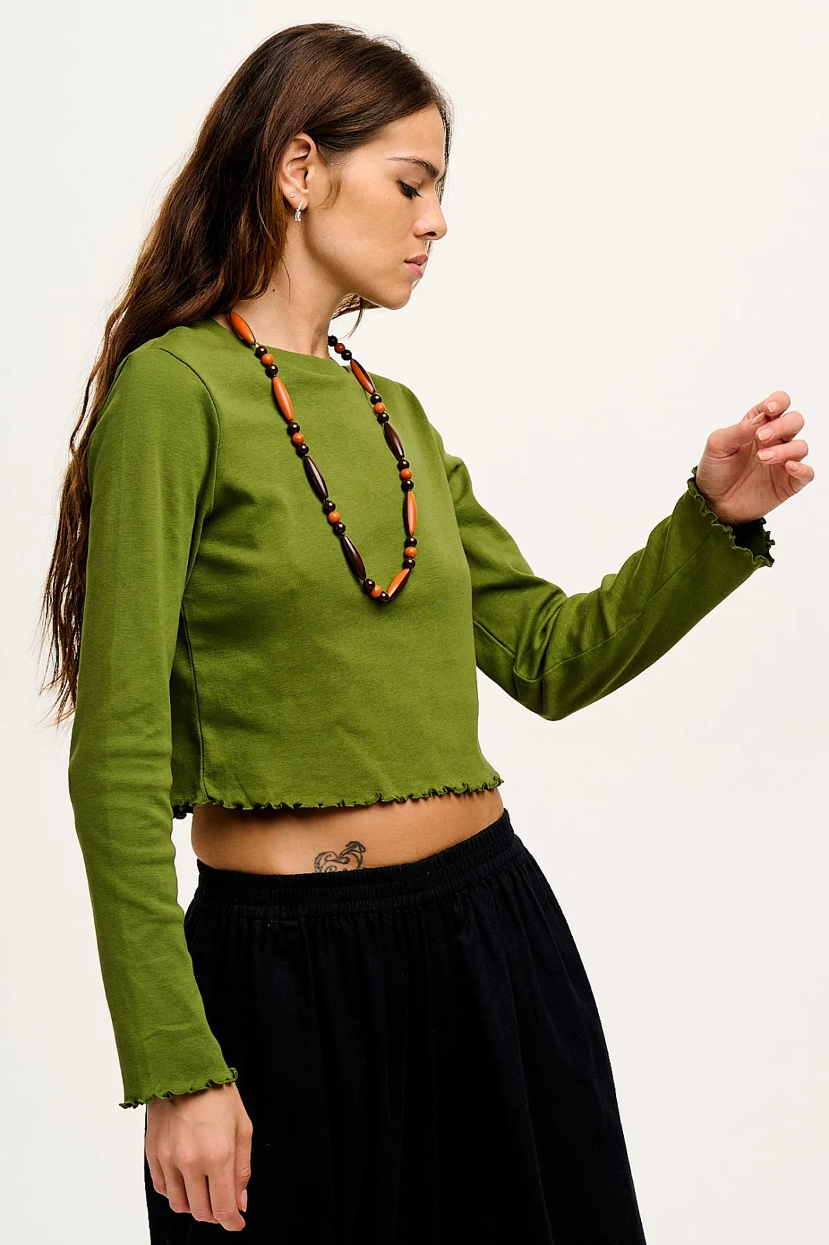 Online Hansel - Long Sleeve Cotton Top in Pesto Green All Tops & Tees|Cropped Tops