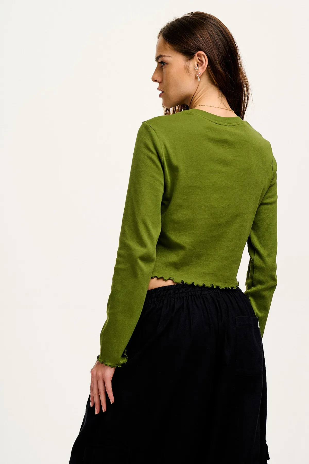 Online Hansel - Long Sleeve Cotton Top in Pesto Green All Tops & Tees|Cropped Tops