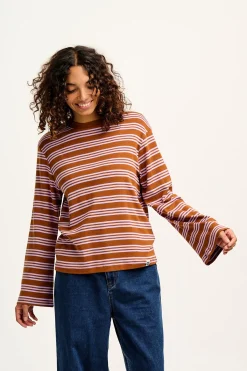 Hot Hermione - Fluted Cotton Top in Lilac & Brown Stripe All Tops & Tees|Long Sleeve Tops