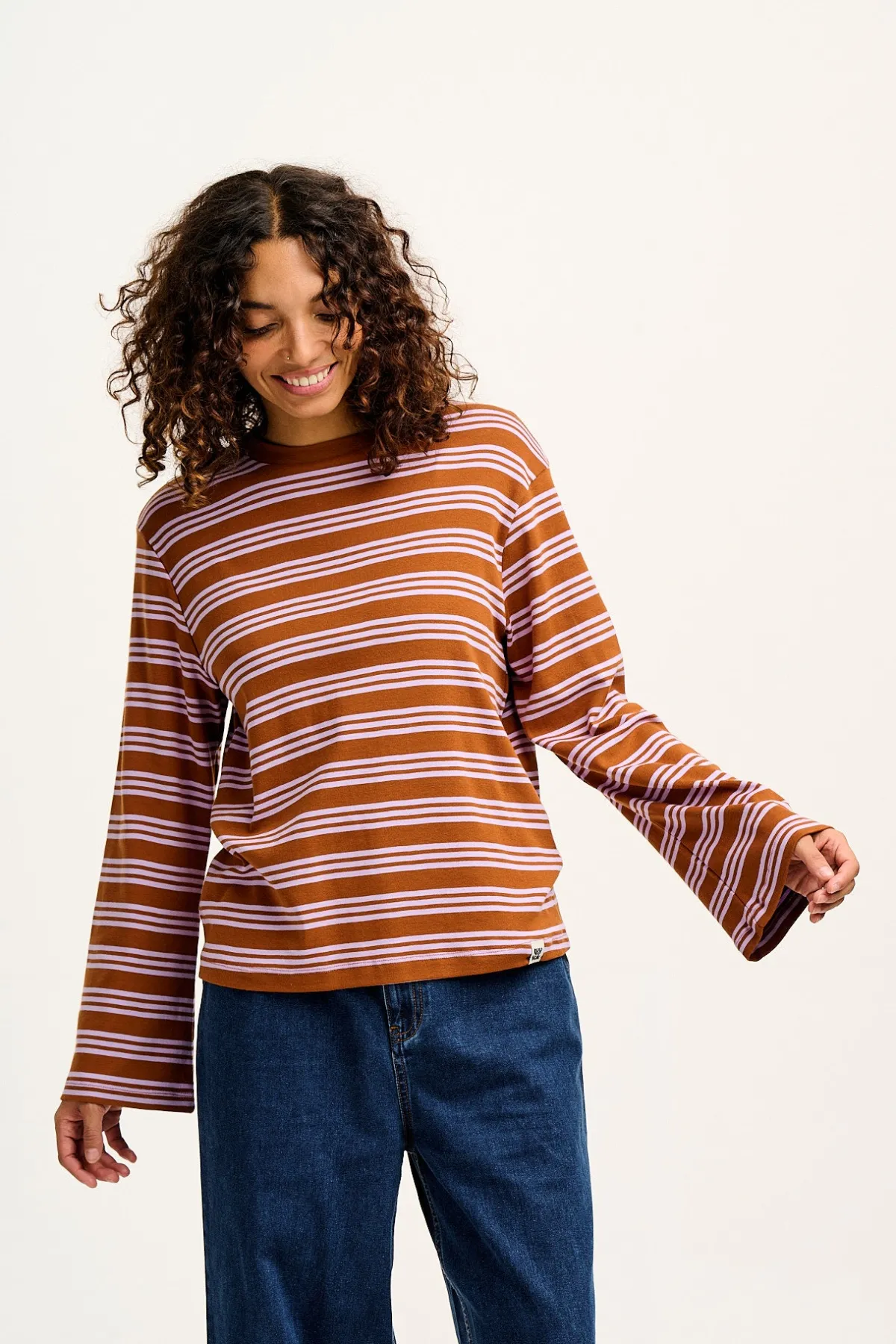 Hot Hermione - Fluted Cotton Top in Lilac & Brown Stripe All Tops & Tees|Long Sleeve Tops