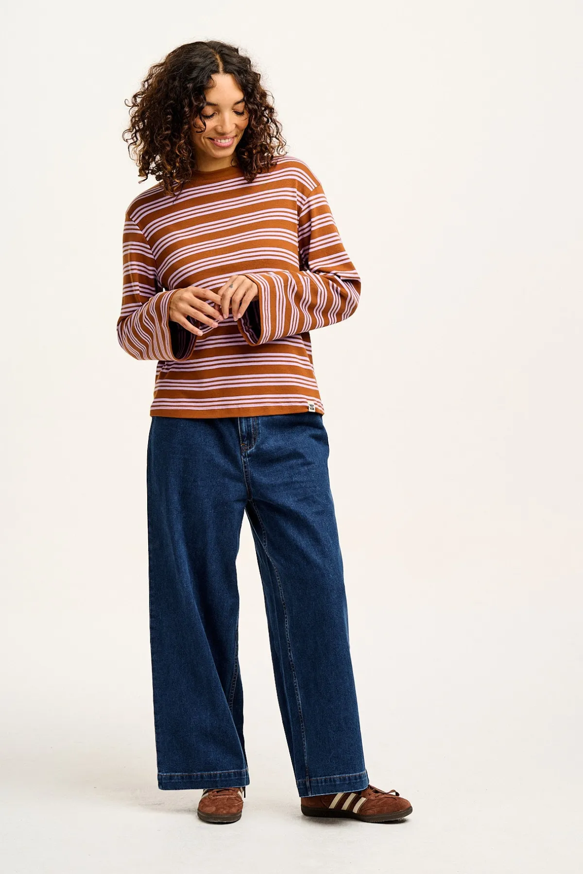 Hot Hermione - Fluted Cotton Top in Lilac & Brown Stripe All Tops & Tees|Long Sleeve Tops