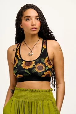 Discount Iona - Racer Back Cotton & Bamboo Crop Top in Sunflower Print All Tops & Tees|Cropped Tops