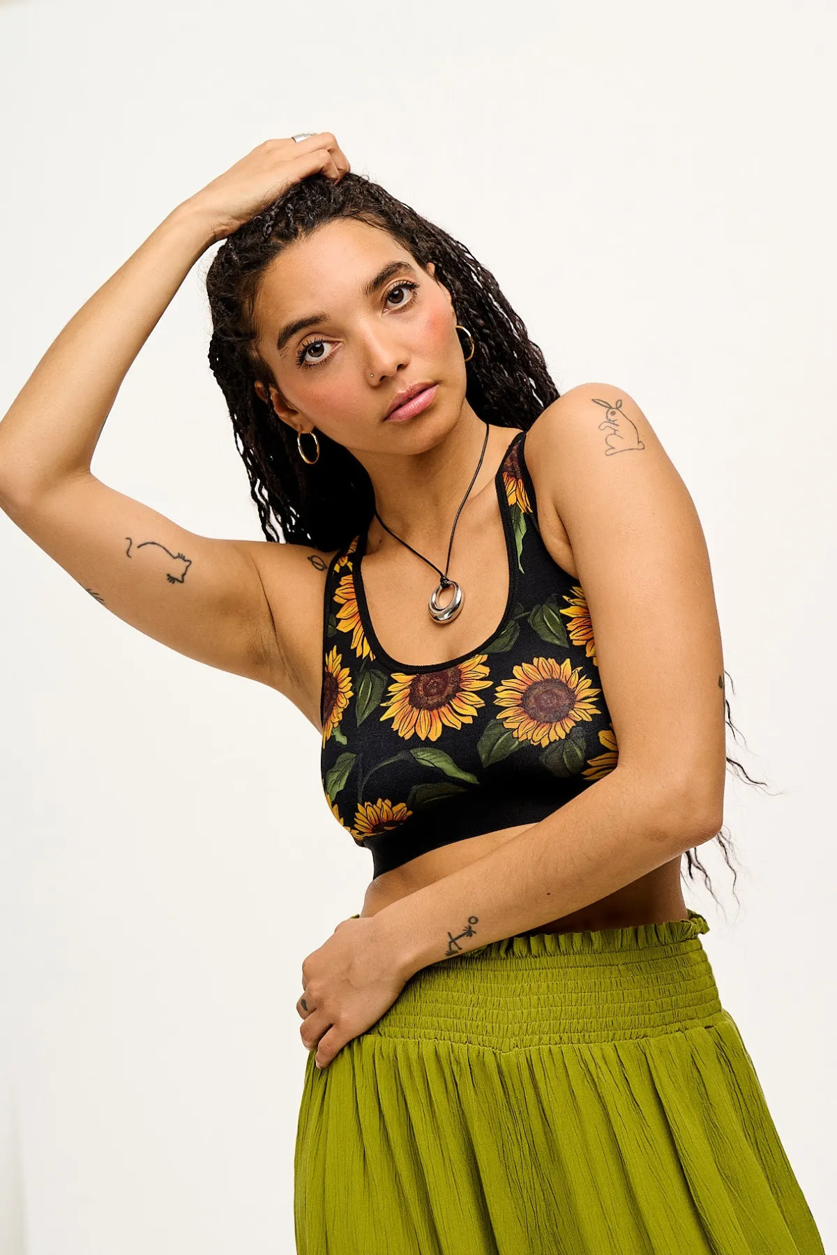 Discount Iona - Racer Back Cotton & Bamboo Crop Top in Sunflower Print All Tops & Tees|Cropped Tops