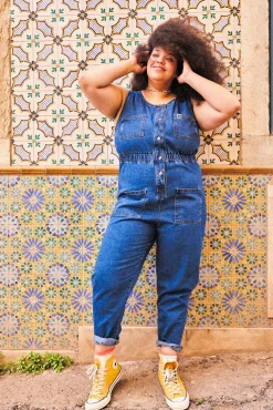 Outlet Juni - Denim Jumpsuit in Mid Wash Blue All Jumpsuits