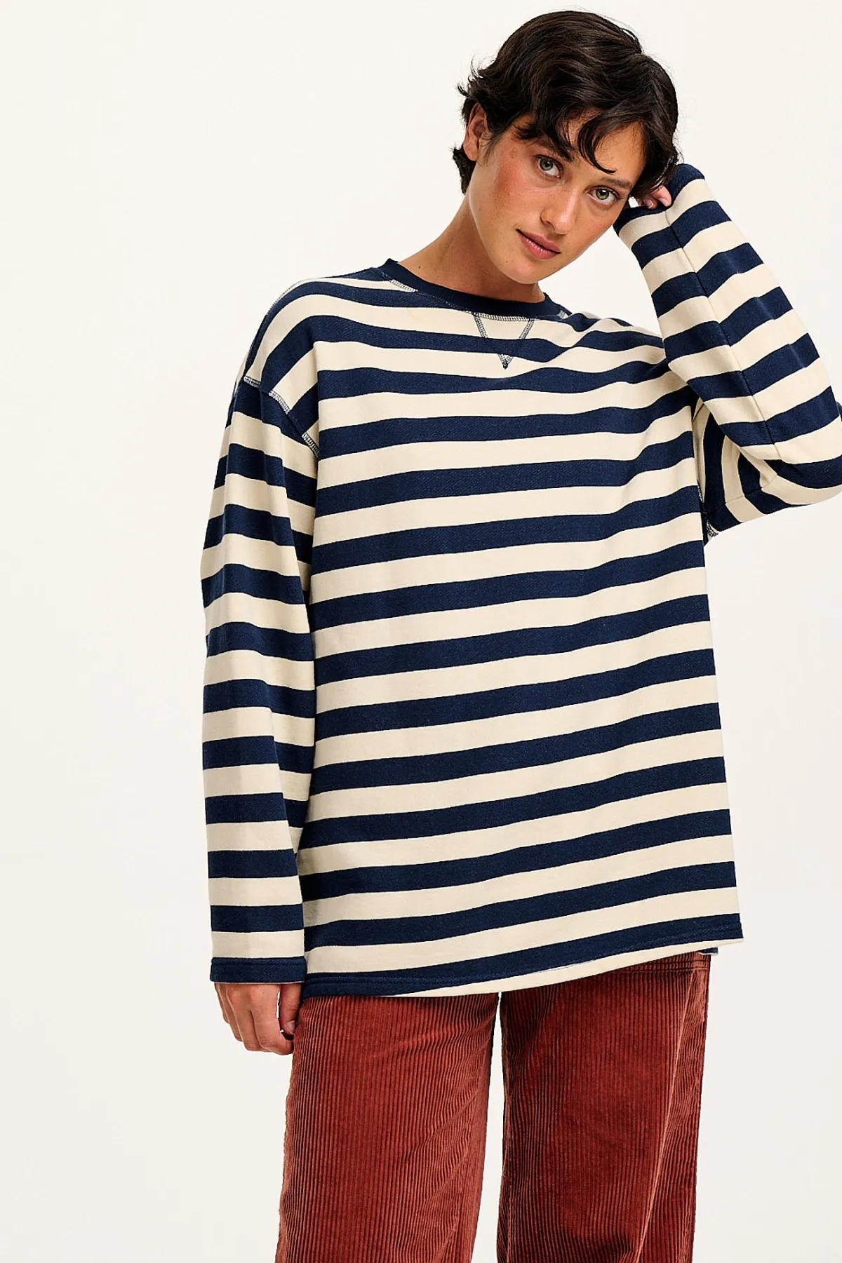 Clearance Kai - Midweight Cosy Loop Back Cotton Sweatshirt in Navy & Ecru All Tops & Tees|Sweaters & Hoodies
