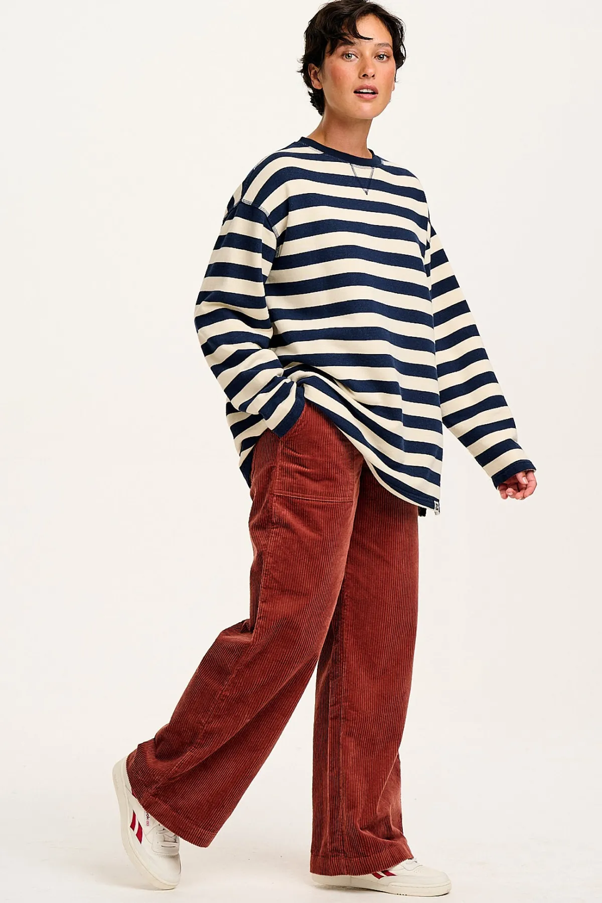 Clearance Kai - Midweight Cosy Loop Back Cotton Sweatshirt in Navy & Ecru All Tops & Tees|Sweaters & Hoodies