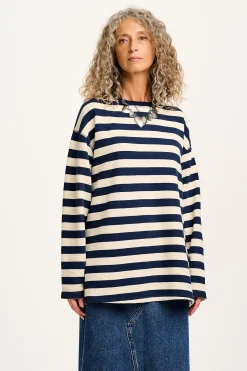 Clearance Kai - Midweight Cosy Loop Back Cotton Sweatshirt in Navy & Ecru All Tops & Tees|Sweaters & Hoodies