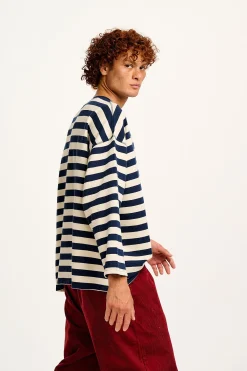 Clearance Kai - Midweight Cosy Loop Back Cotton Sweatshirt in Navy & Ecru All Tops & Tees|Sweaters & Hoodies