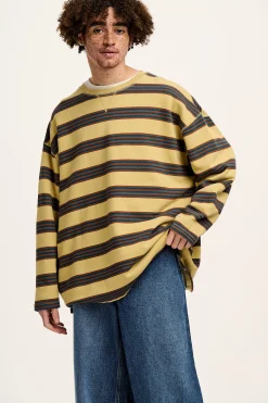 New Kai - Midweight Cosy Loop Back Cotton Sweatshirt in Brown & Blue Skater Stripe All Tops & Tees|Sweaters & Hoodies